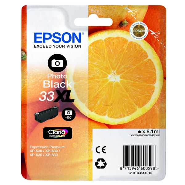 Original Epson C13T33614012 / 33XL Tintenpatrone schwarz foto High-Capacity, 400 Seiten, Inhalt 8,1 ml