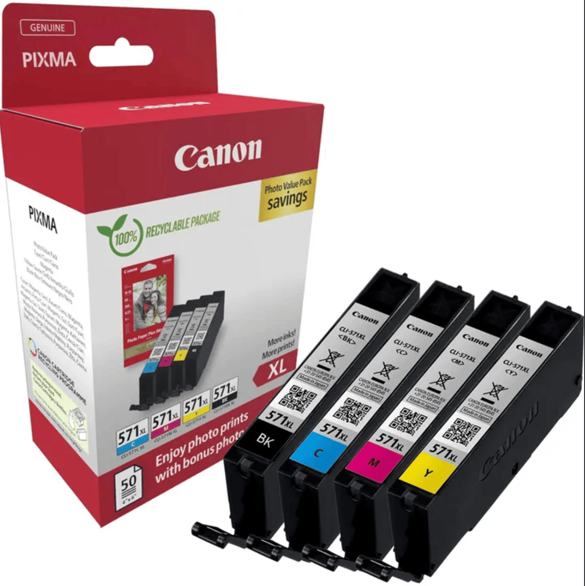 Original Canon 0332C006 / CLI-571 XL Tintenpatrone MultiPack Bk,C,M,Y High-Capacity + Fotopapier 50 Blatt, Inhalt 11 ml, VE=4