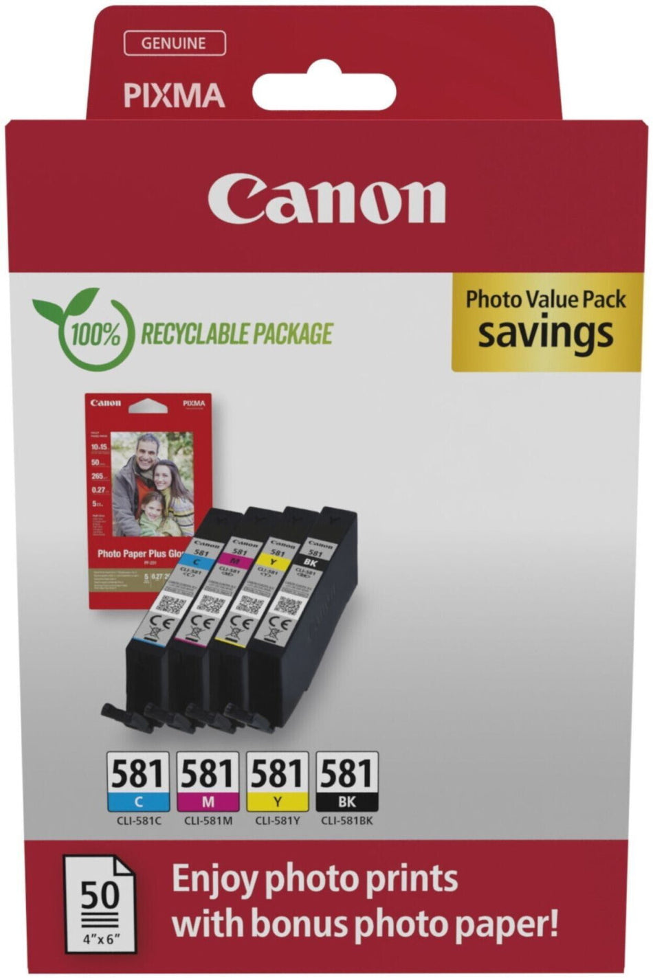 Original Canon 2106C006 / CLI-581 Tintenpatrone MultiPack Bk,C,M,Y + Fotopapier 50 Blatt 10x15cm, Inhalt 1505/256/237/257 pg