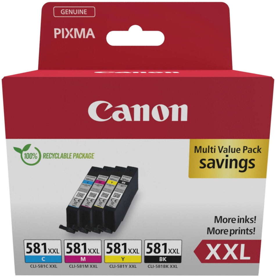 Original Canon 1998C007 / CLI-581 XXL Tintenpatrone MultiPack Bk,C,M,Y extra High-Capacity, Inhalt VE=4