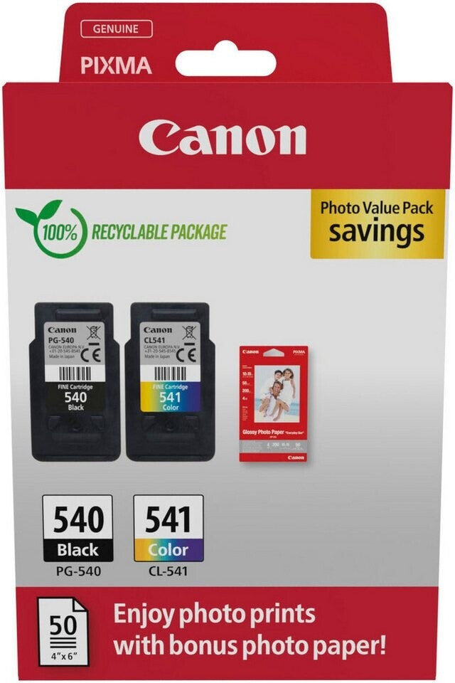 Original Canon 5225B013 / PG-540+CL-541 Druckkopfpatrone Multipack schwarz + color + Fotopapier 50 Blatt PVP, Inhalt 8ml/180pg + 8ml/180pg