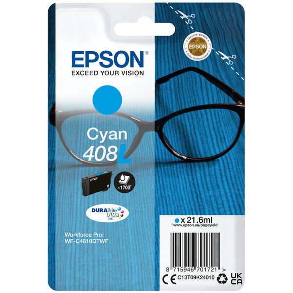 Original Epson C13T09K24010 / 408L Tintenpatrone cyan High-Capacity, 1.700 Seiten, Inhalt 21,6 ml