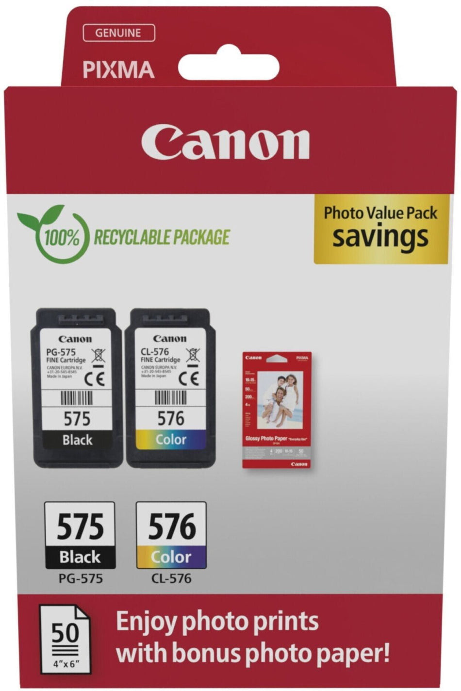 Original Canon 5438C004 / PG-575/CL-576 Druckkopfpatrone Multipack schwarz + color +50 Blatt Fotopapier PVP, Inhalt 5,6ml + 6,2ml