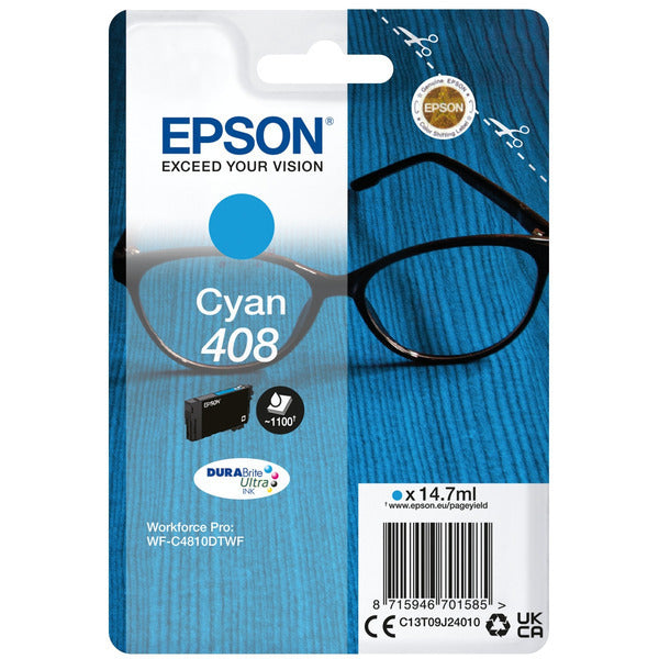Original Epson C13T09J24010 / 408 Tintenpatrone cyan, 1.100 Seiten, Inhalt 14,7 ml