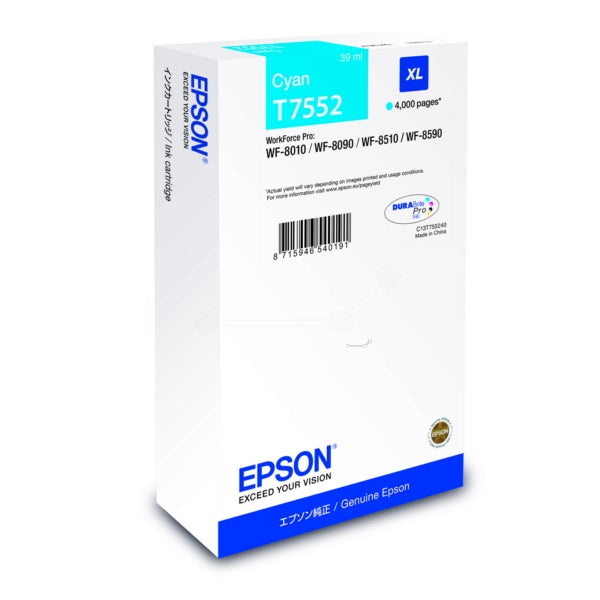 Original Epson C13T75524N / T7552 Tintenpatrone cyan, 4.000 Seiten, Inhalt 39 ml