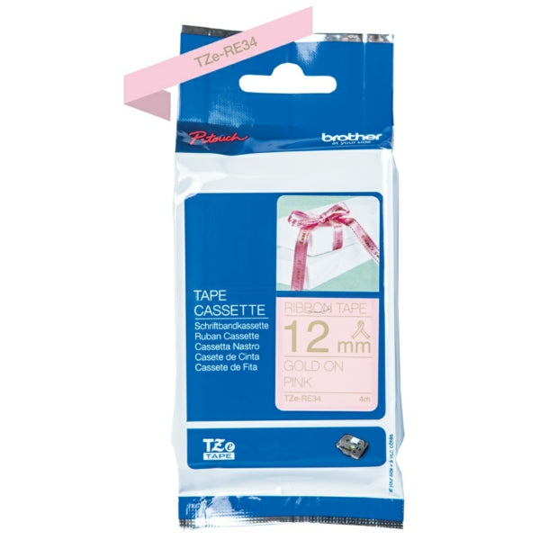 Original Brother TZE-RE34 DirectLabel gold auf rosa nicht klebend textil 12mm x 4m