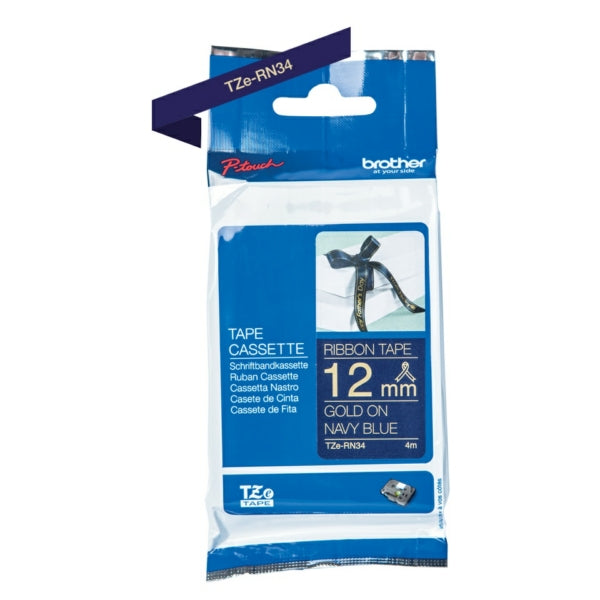 Original Brother TZE-RN34 DirectLabel gold auf Navy blau nicht klebend textil 12mm x 4m