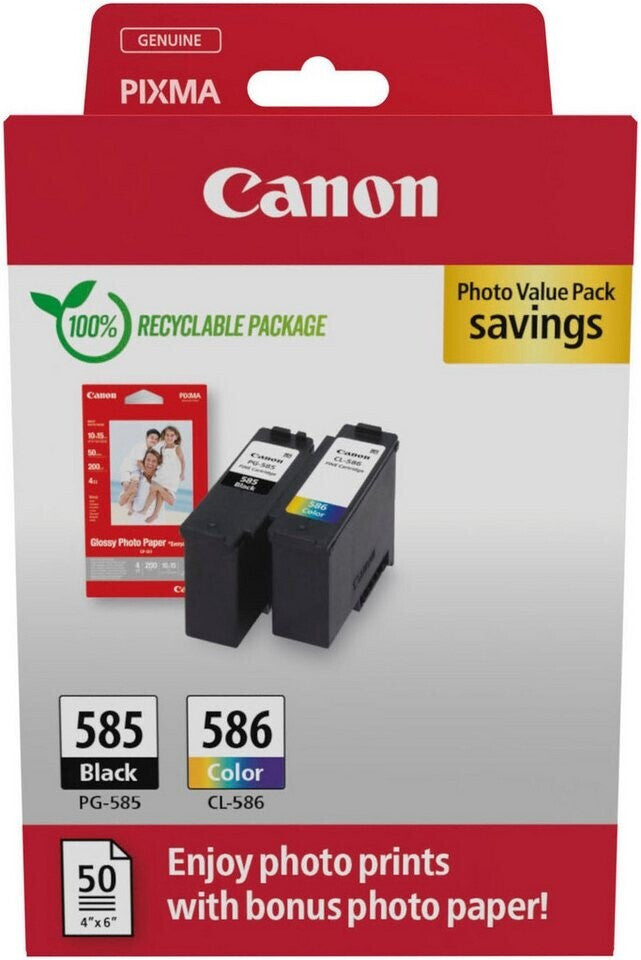 Original Canon 6205C004 / PG-585/CL-586 Tintenpatrone MultiPack schwarz + color + Fotopapier GP-501, 180 Seiten, Inhalt VE=2