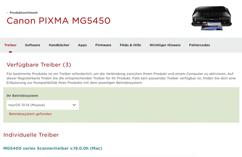Auswahl des Betriebssystems im Downloadcenter von Canon