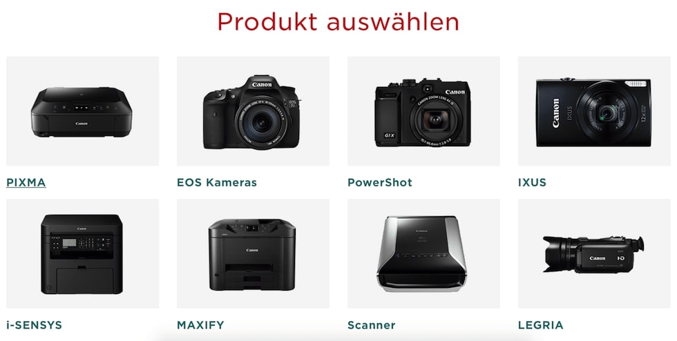 Auswahl der Produktgruppen im Downloadcenter von Canon
