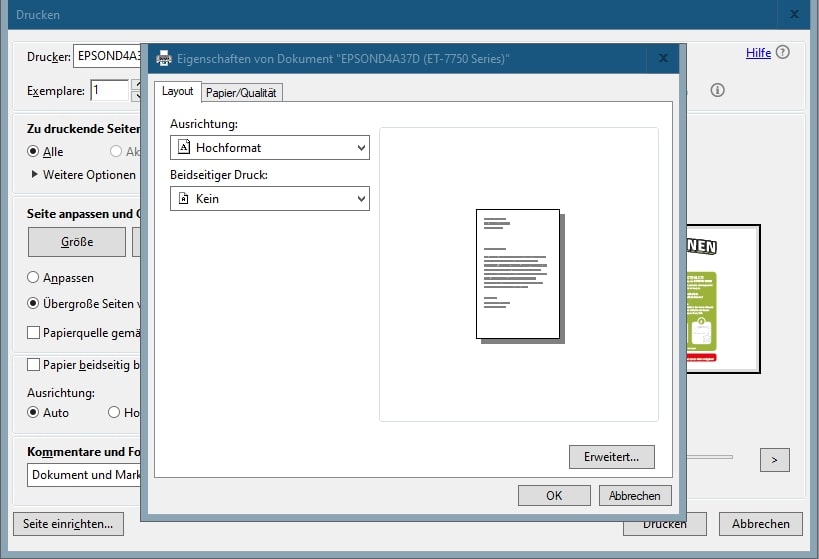 Druckereinstellungen Layout