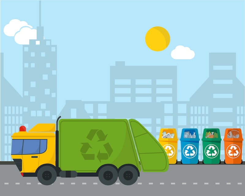 Zeichnung von Müllauto und Mülltonnen für verschiedene Abfälle