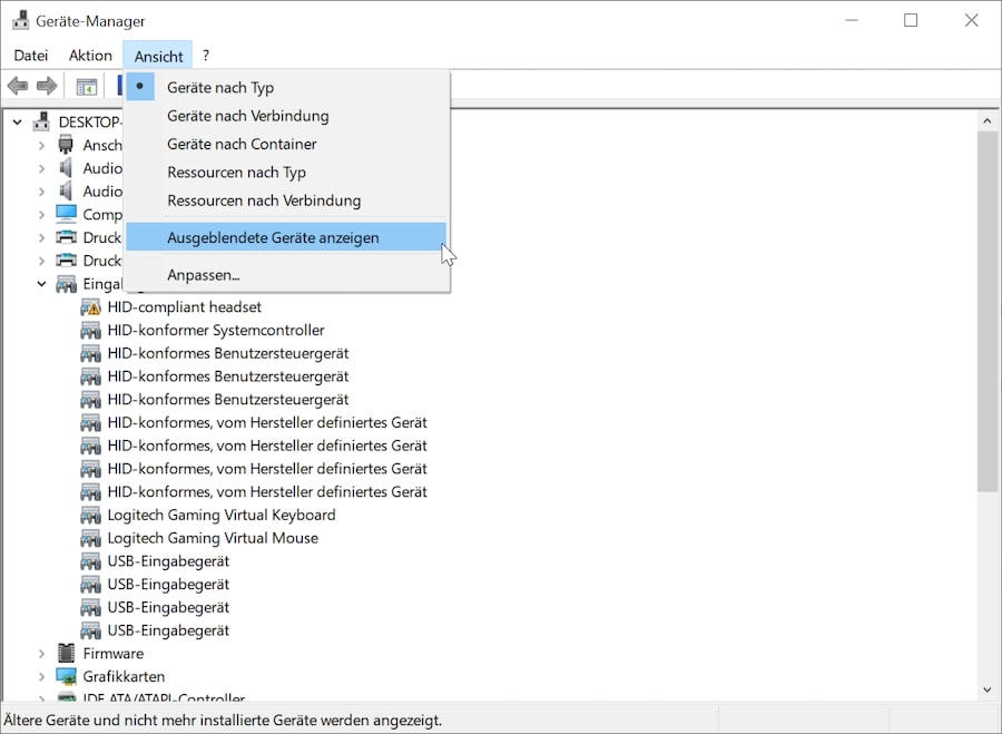 ausgeblendete Geräte im Geräte-Manager anzeigen