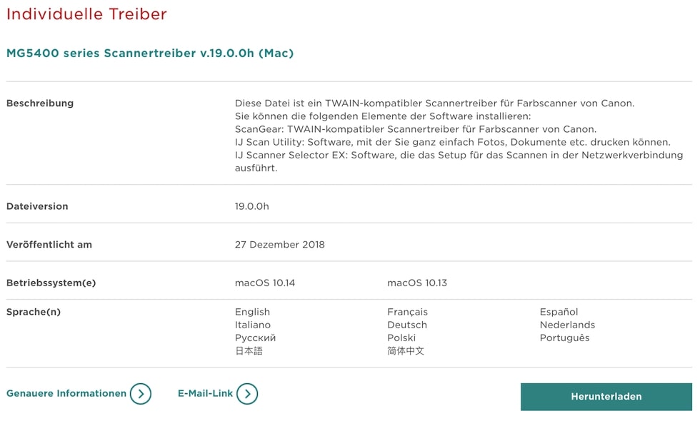 Auswahl des Treibers im Downloadcenter von Canon