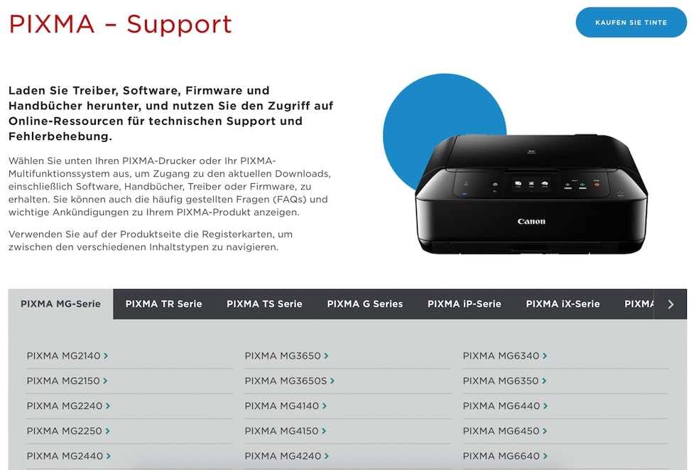 Übersicht der Druckerserien und Druckermodelle PIXMA im Downloadcenter von Canon