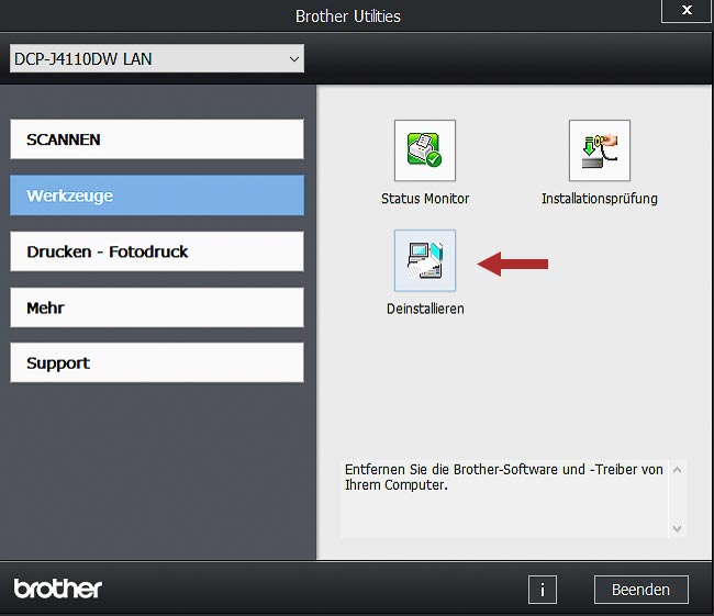 Screenshot Brother Treiber deinstallieren