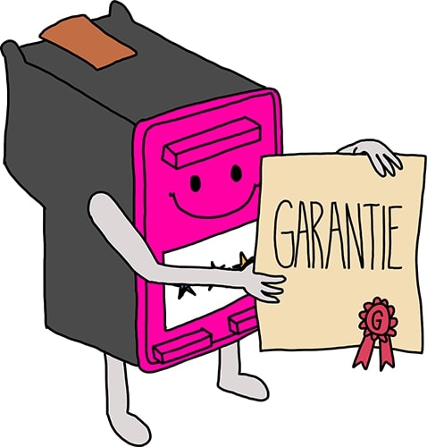 gezeichnete Druckerpatrone mit Garantie-Schild in der Hand lächelnd