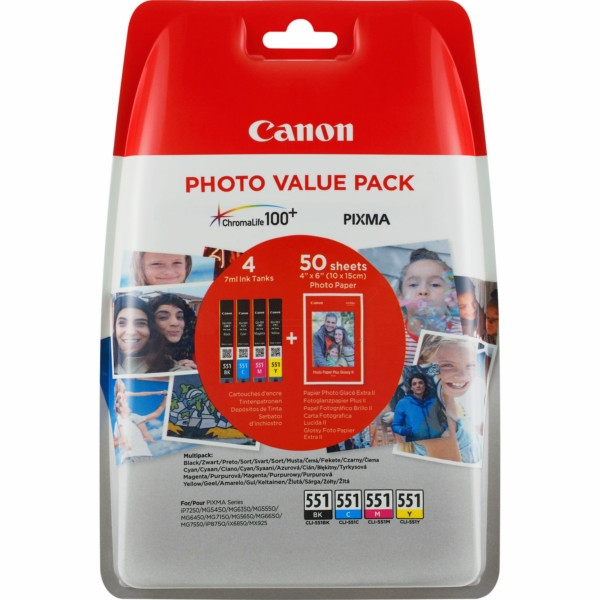 Original Tintenpatrone MultiPack Bk,C,M,Y + Fotopapier 10x15cm 50 Blatt Canon CLI-551 (6508B005)