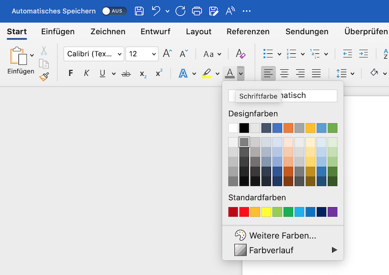 Auswahl der Textfarbe bei Word - Screenshot