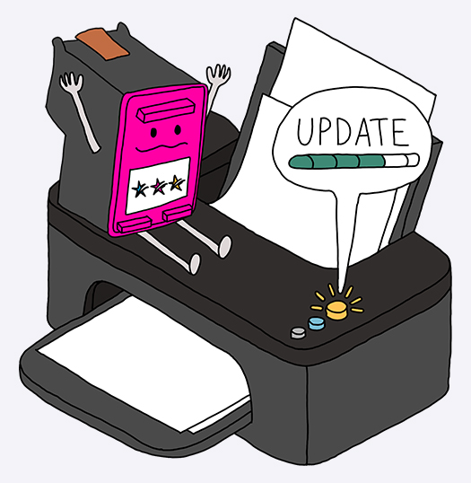 Zeichnung mit Drucker und Patrone und dem Wort 'Update' in einer Sprechblase