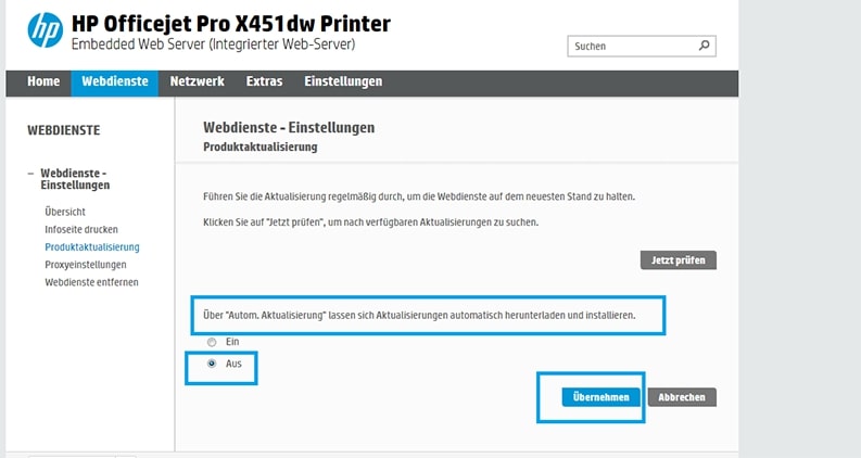 Firmware-Update HP-Drucker deaktivieren